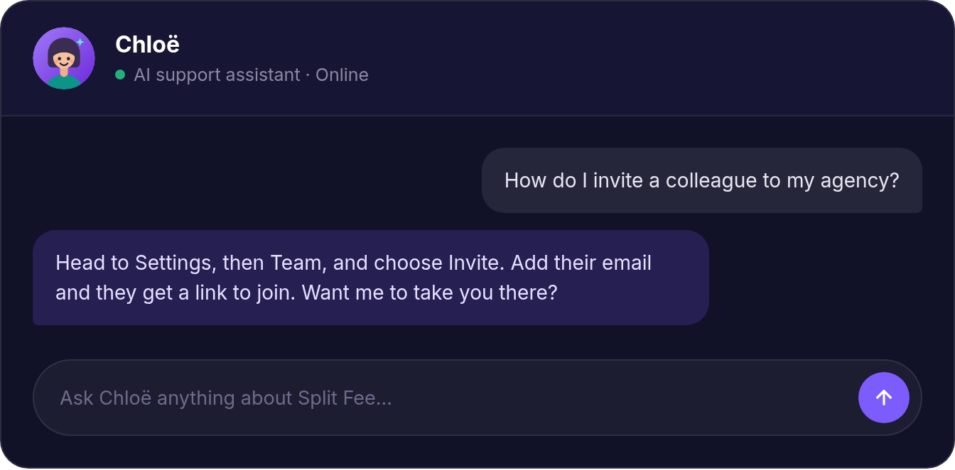 A chat window with Chloë answering a question about inviting a colleague to your agency