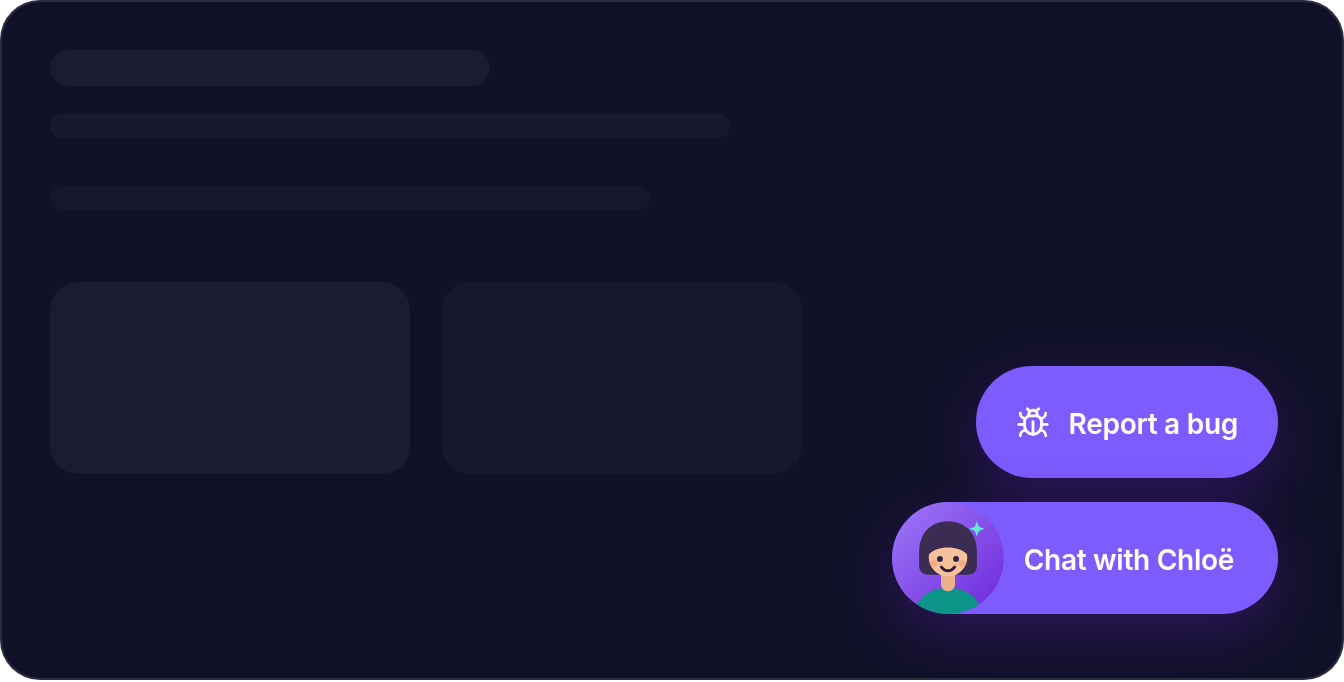 The bottom-right corner of the Split Fee app, with the Report a bug button just above the Chat with Chloë pill