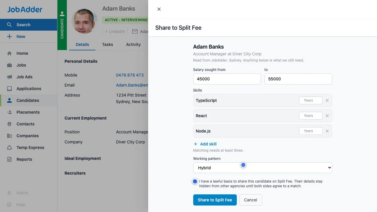 The Split Fee share form open inside a JobAdder candidate record